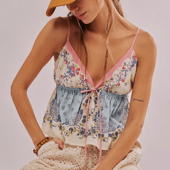 Women's Boho Floral Spaghtti Strap V Neck Bow Front Cami Tank top - Picture 3 of 5
